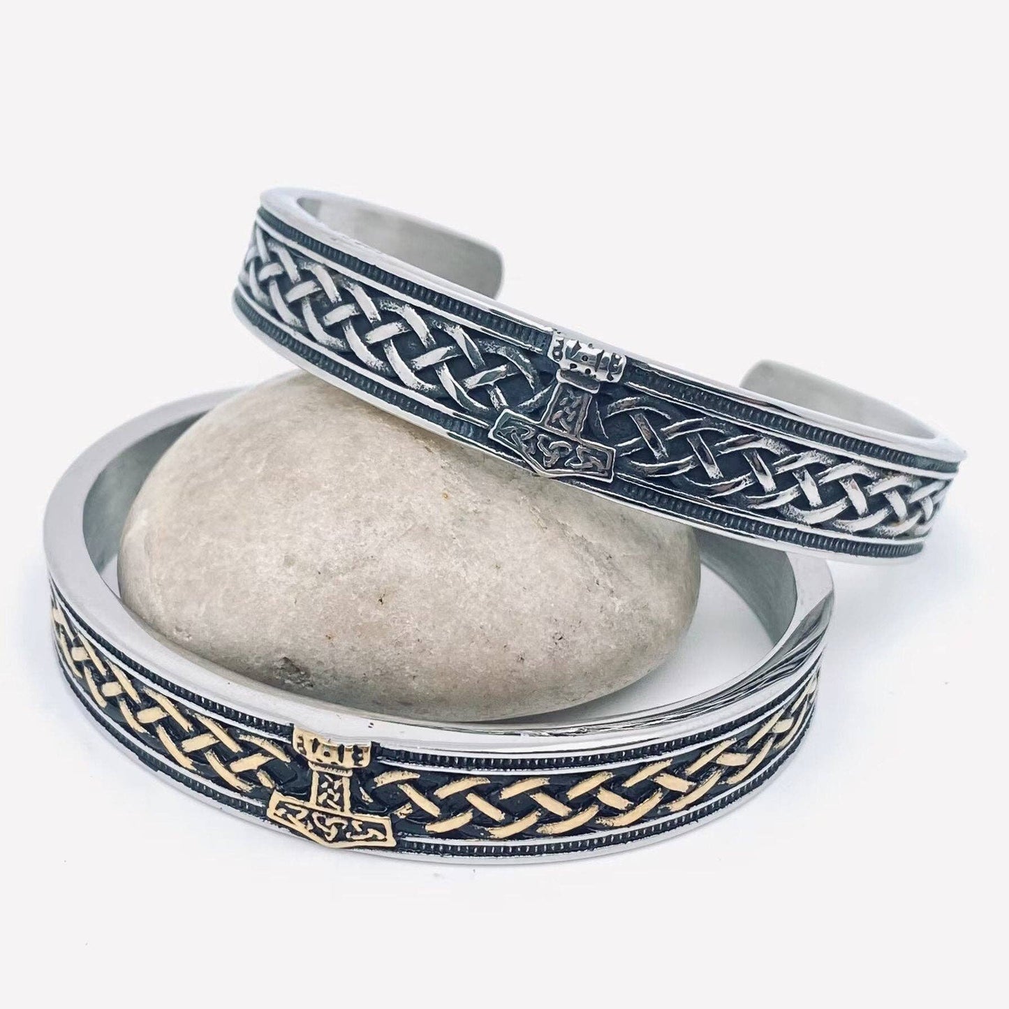 Stainless Steel Viking Rune Thor Hammer Cuff Bangle - MJ/BC