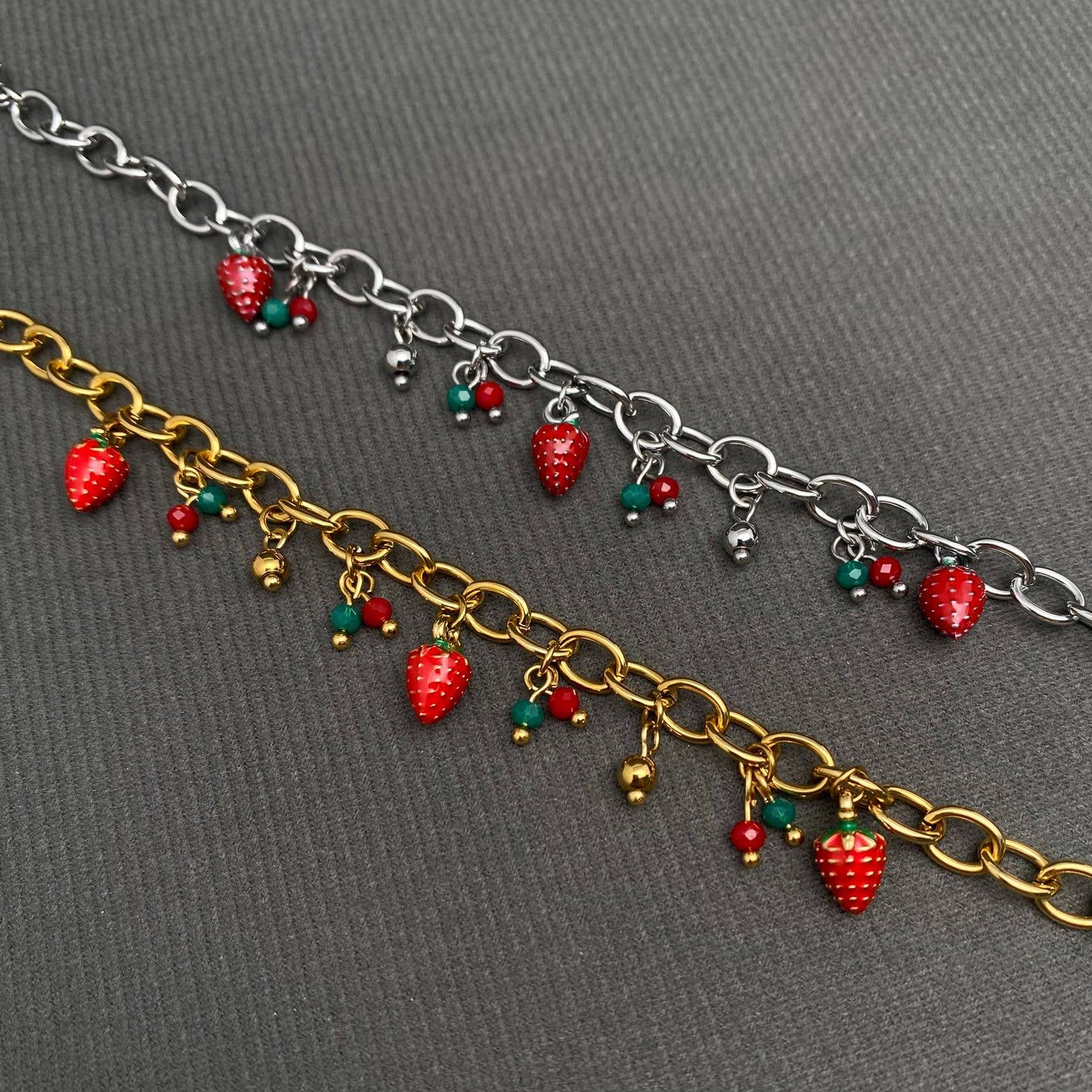 Enamel Strawberry Charm 18K Gold Plated SS Bracelets - FGS - Cozy Coven