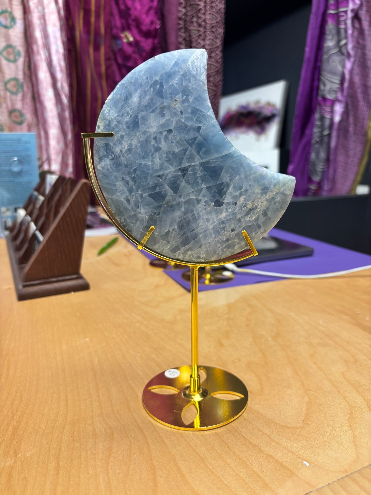 Blue Calcite Crescent Moons with Stand
