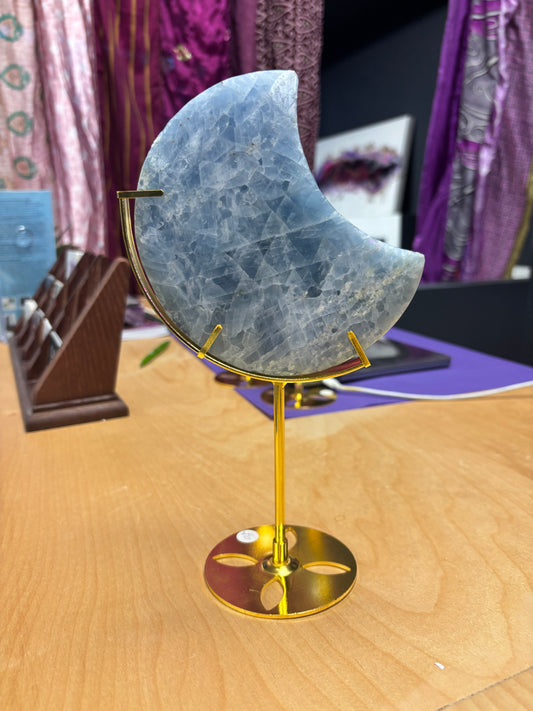 Blue Calcite Crescent Moons with Stand