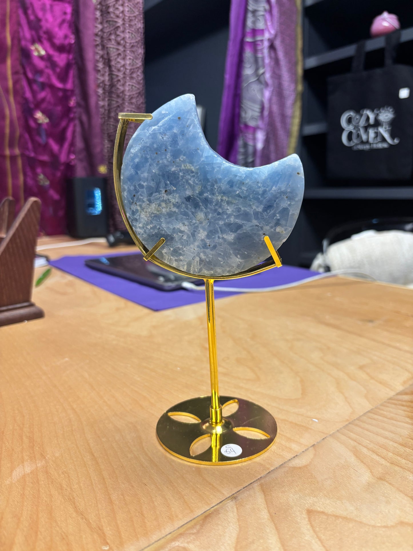Blue Calcite Crescent Moons with Stand