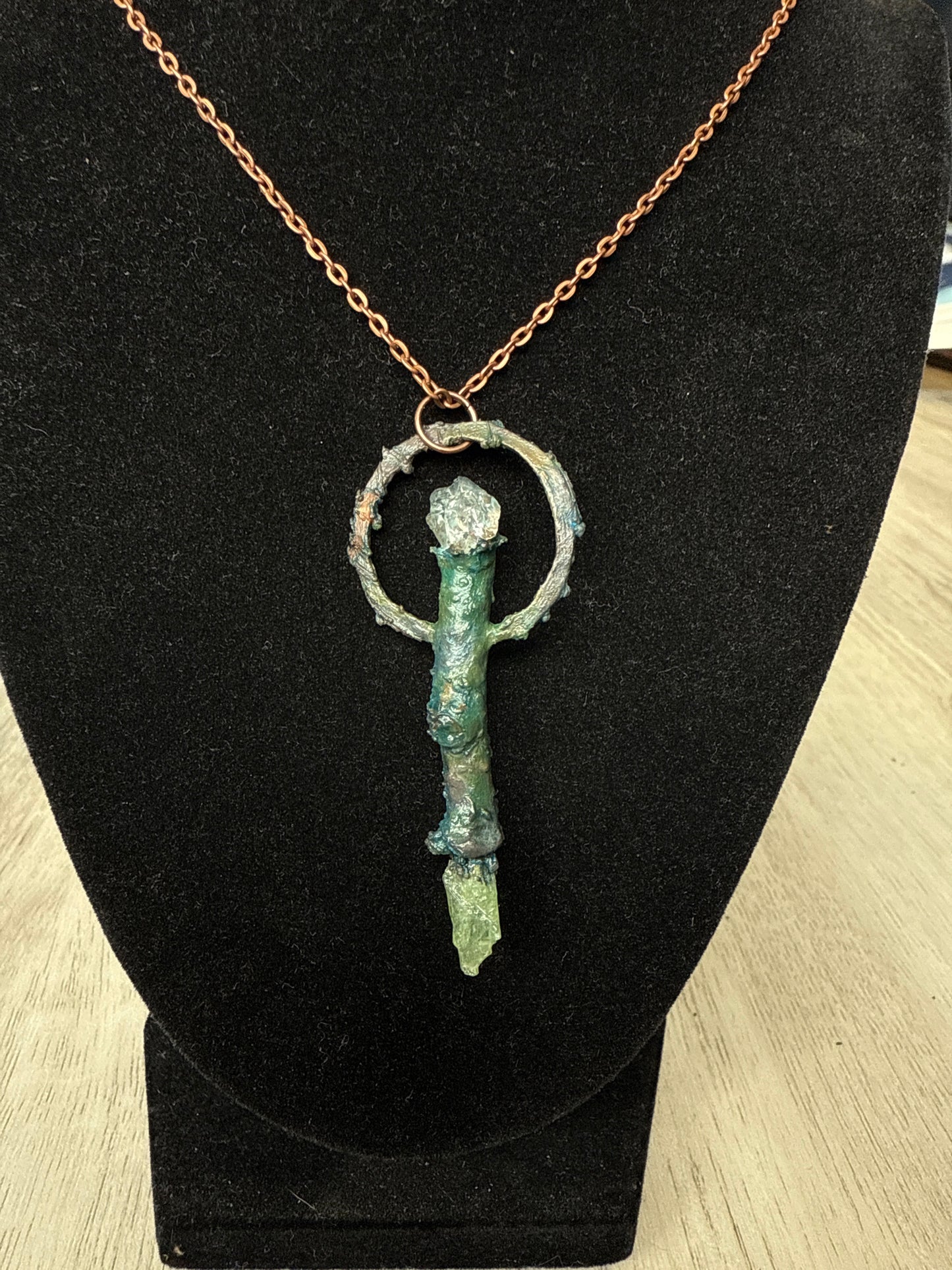 Magick Wand Necklace | Yellow Birch Branch + Herkimer Diamond + Green Kyanite |Copper Electroplated | Handmade by Sacred Alchemy in Vermont