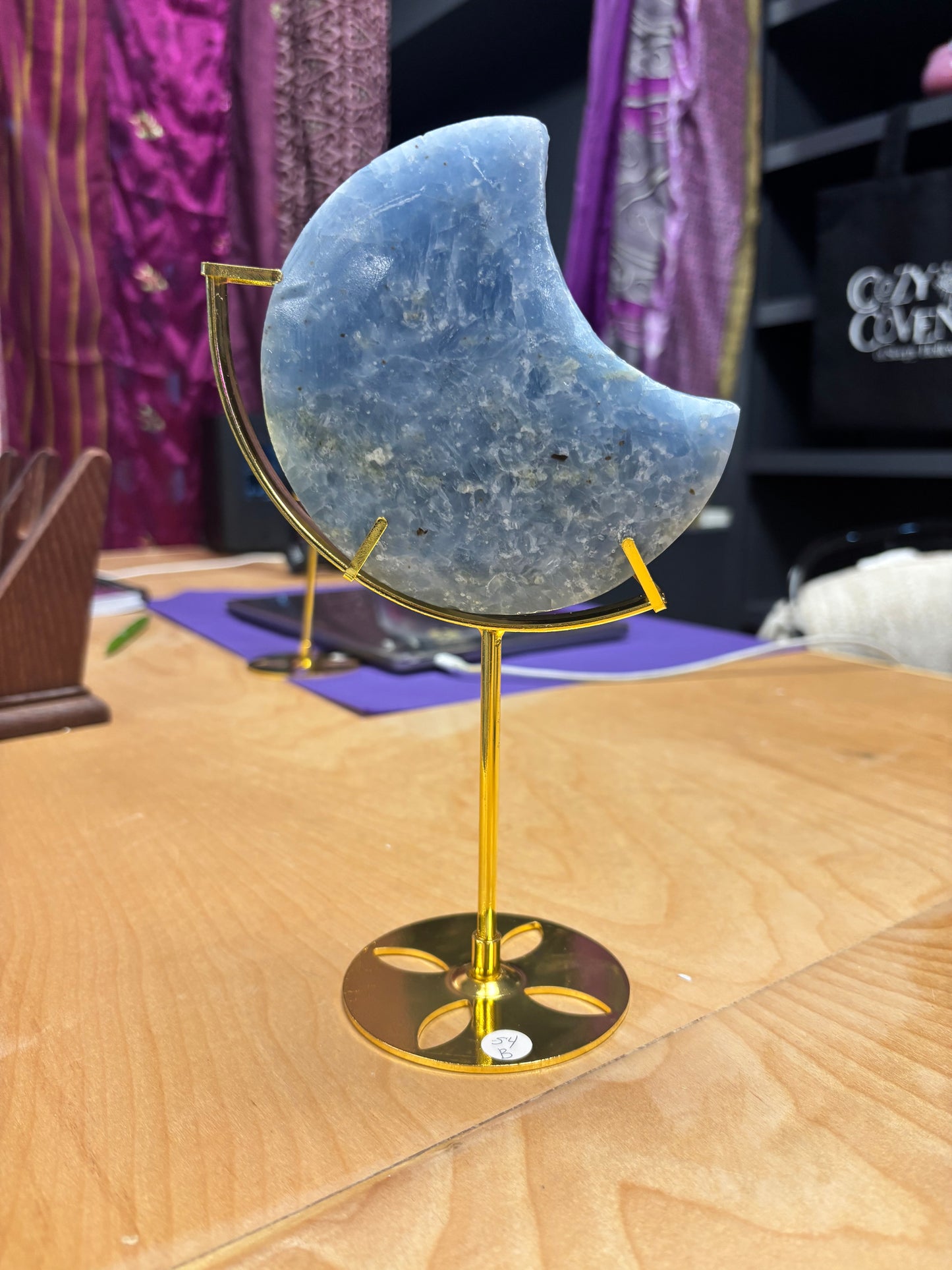 Blue Calcite Crescent Moons with Stand