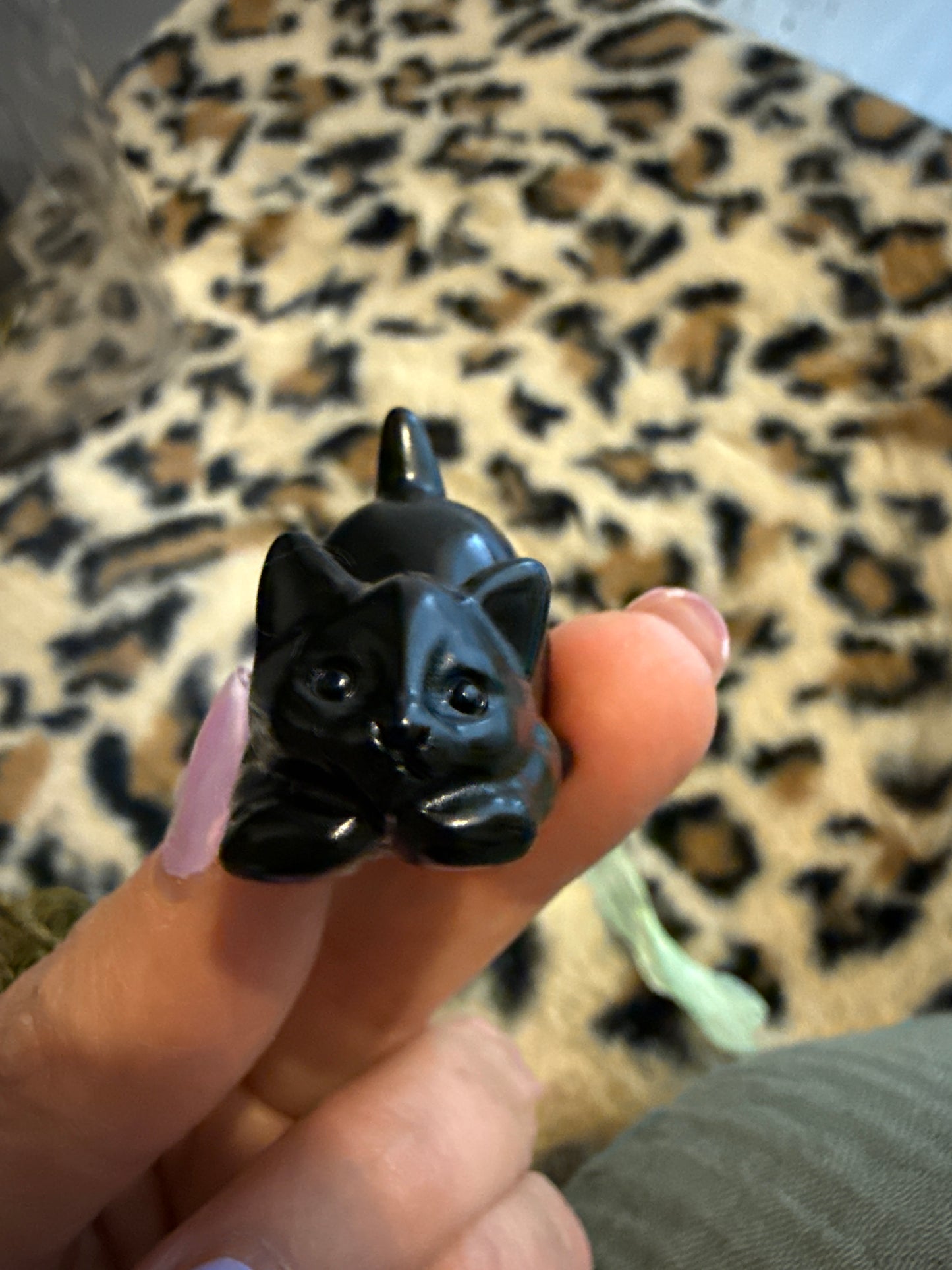 Playing Cat Black Obsidian Carvings