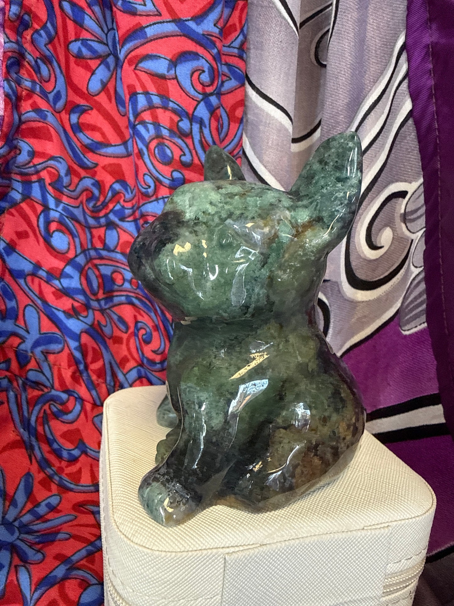 French Bulldog Moss Agate Carving
