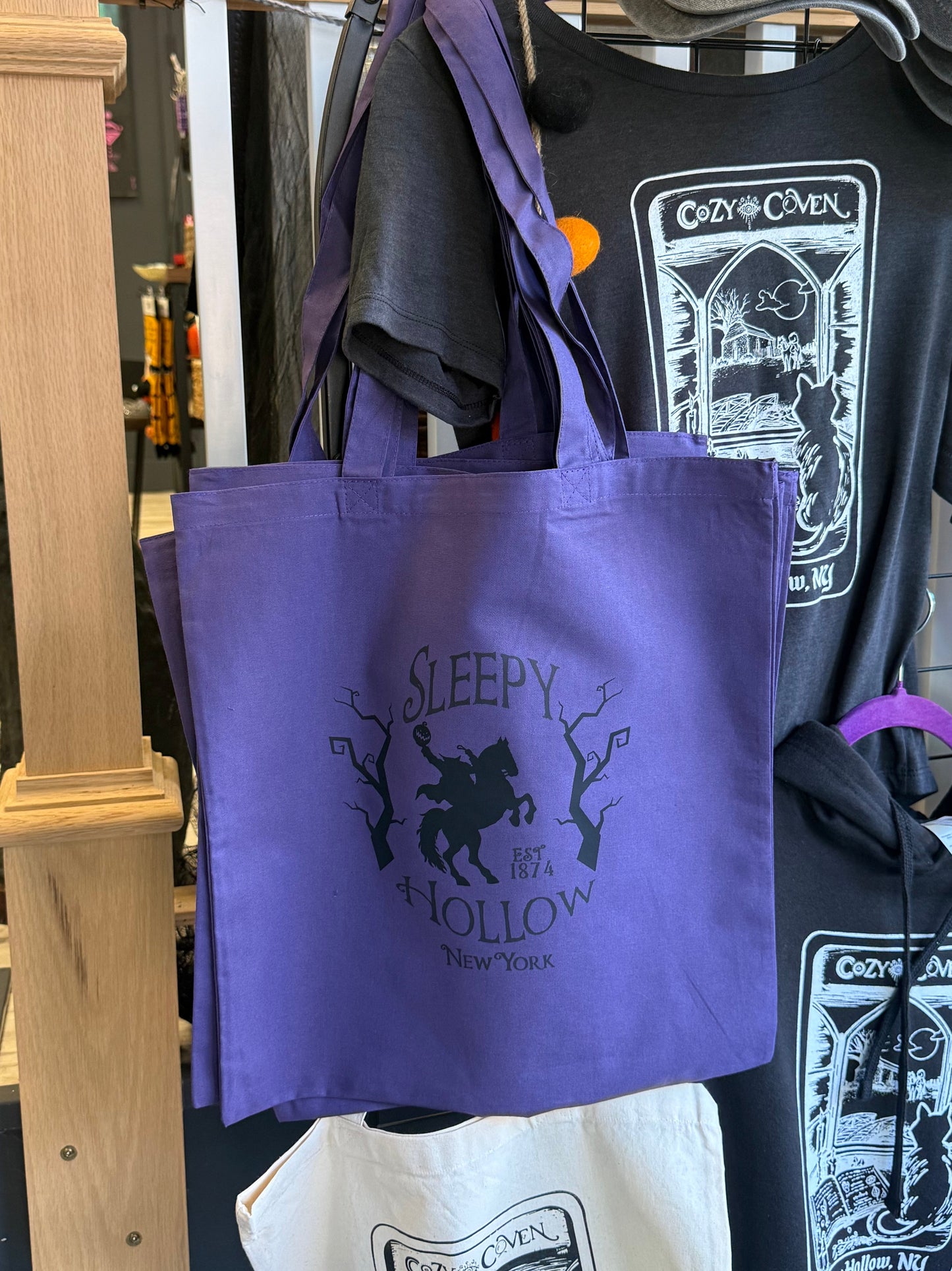 Purple Tote Bags |Sleepy Hollow | Cozy Coven Headless Horseman | 100% Cotton - Cozy Coven