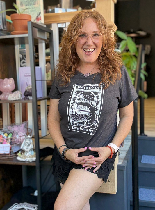Cozy Coven Short Sleeve Drape Scoop Neck Tee Shirt | Sleepy Hollow NY Tarot Card| 🖼️ by Claire Widman