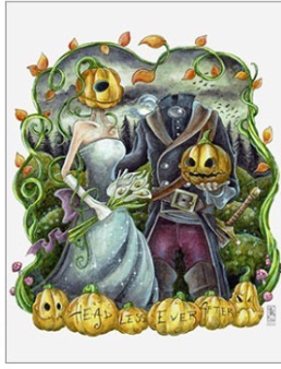 A square art print featuring a whimsical Halloween illustration of a bride and groom surrounded by pumpkins and autumn leaves. The bride wears a white gown and holds a bouquet, while the groom is in a dark tuxedo with a pumpkin head.