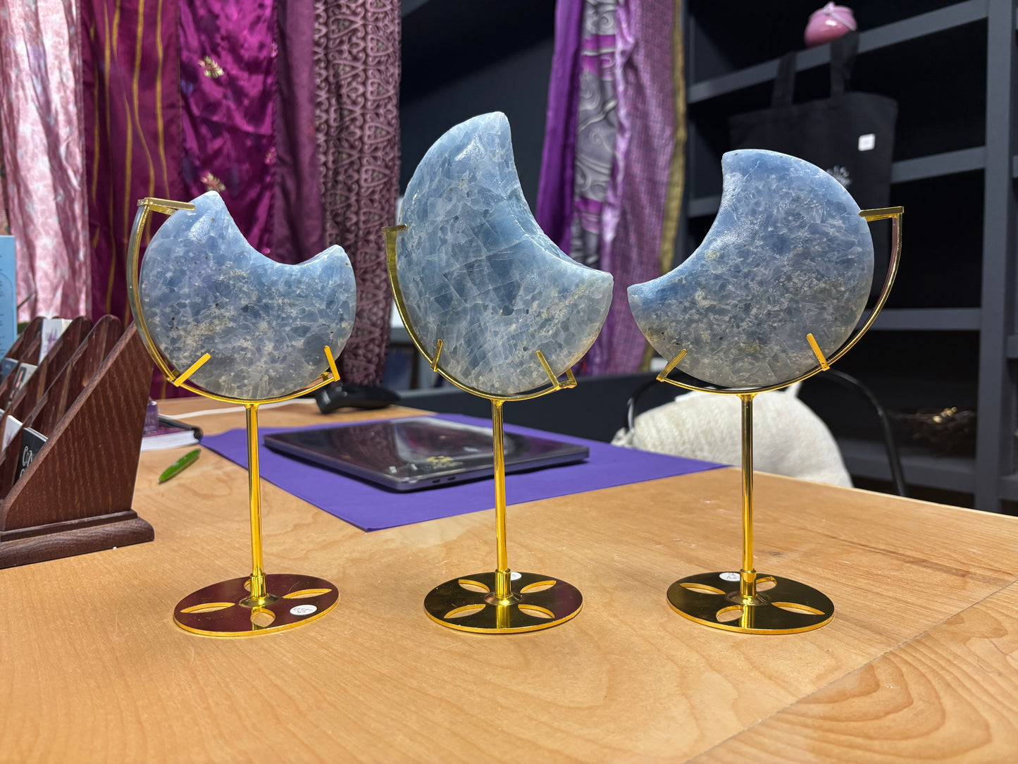 Blue Calcite Crescent Moons with Stand