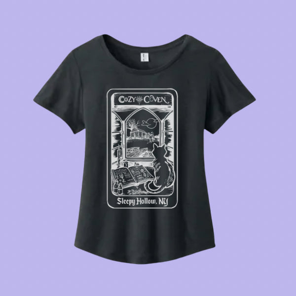 Cozy Coven Short Sleeve Drape Scoop Neck Tee Shirt | Sleepy Hollow NY Tarot Card| 🖼️ by Claire Widman