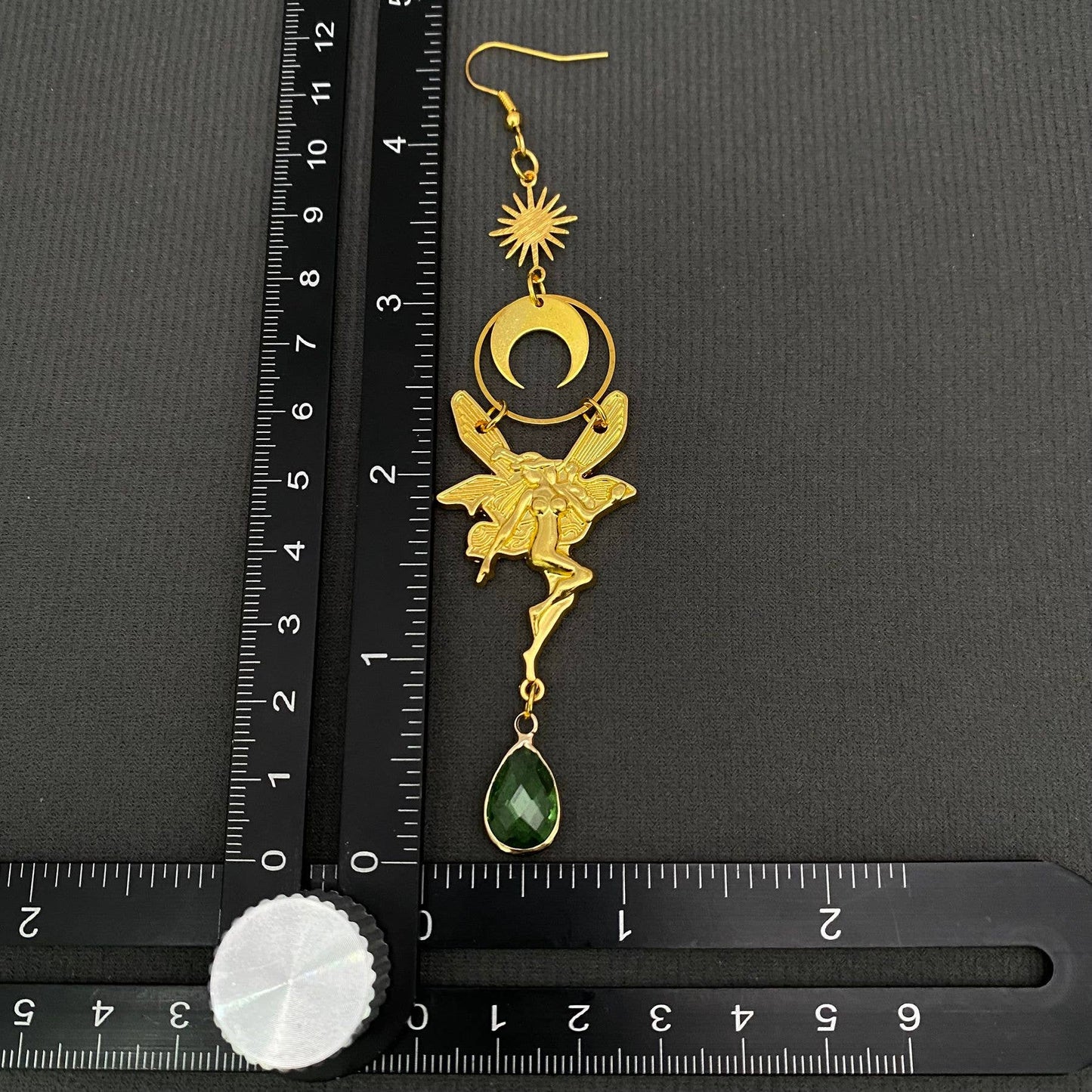 Green Crystal Fairy & Moon Charm Gold Plated Earrings