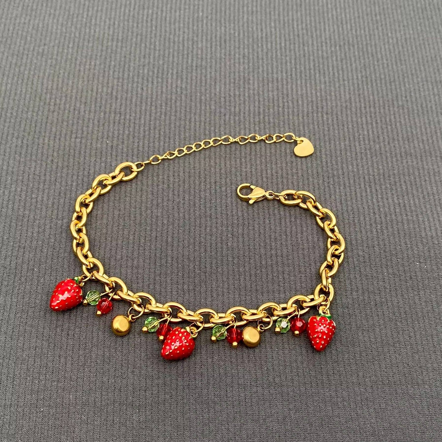 Enamel Strawberry Charm 18K Gold Plated SS Bracelet - FGS - Cozy Coven