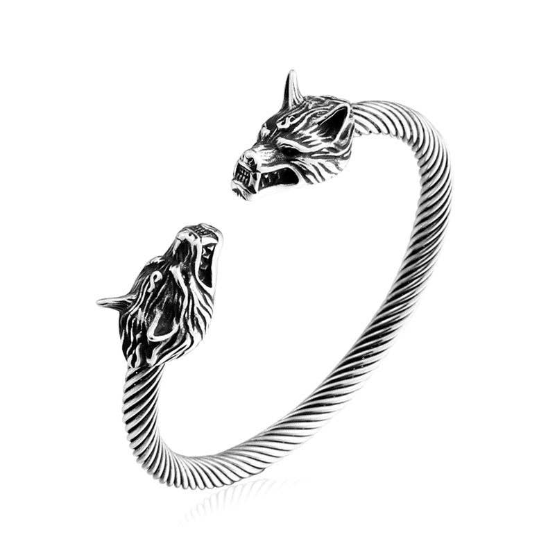 Viking Double Wolf Head Men's Stainless Steel Bangle - MJ/BC
