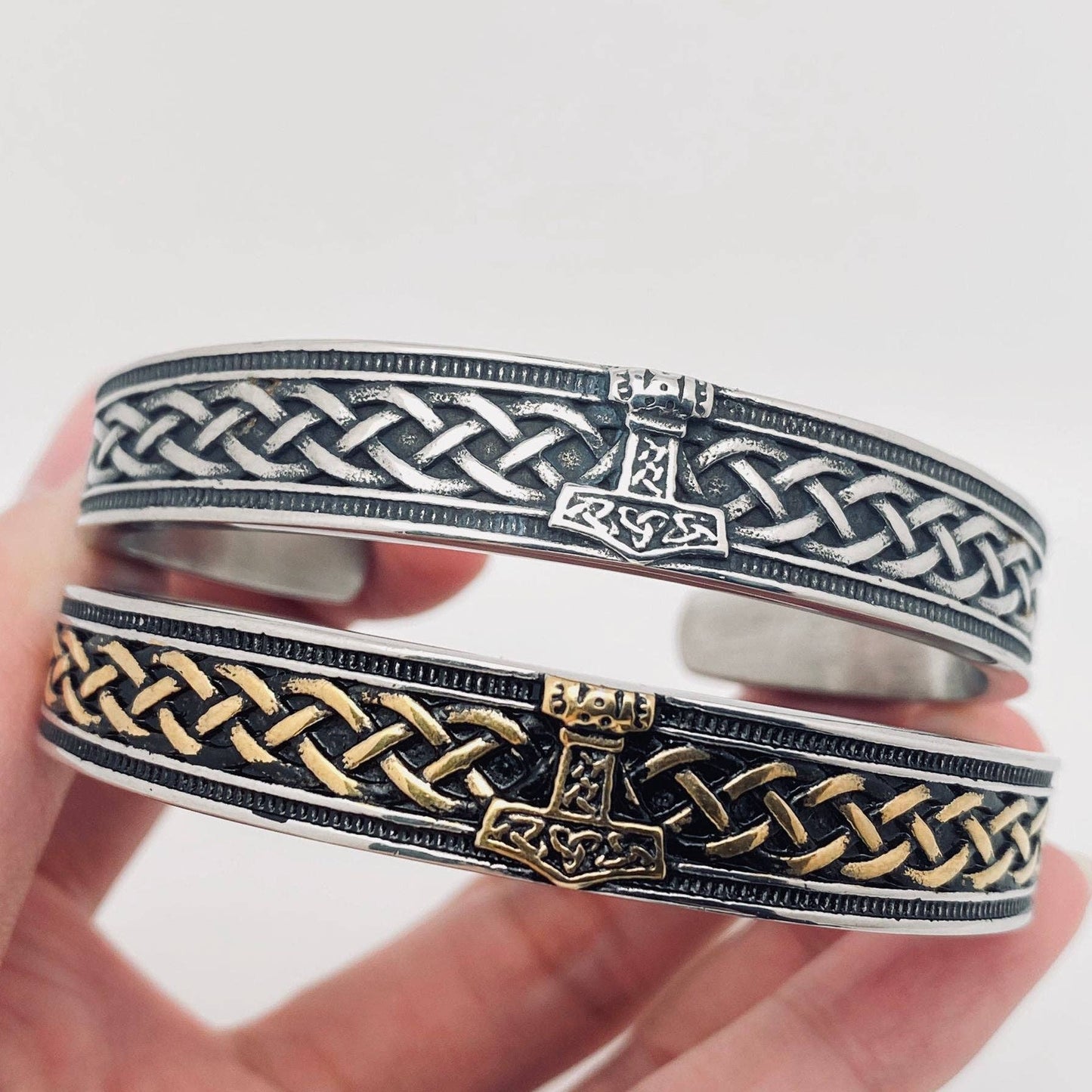 Stainless Steel Viking Rune Thor Hammer Cuff Bangle - MJ/BC