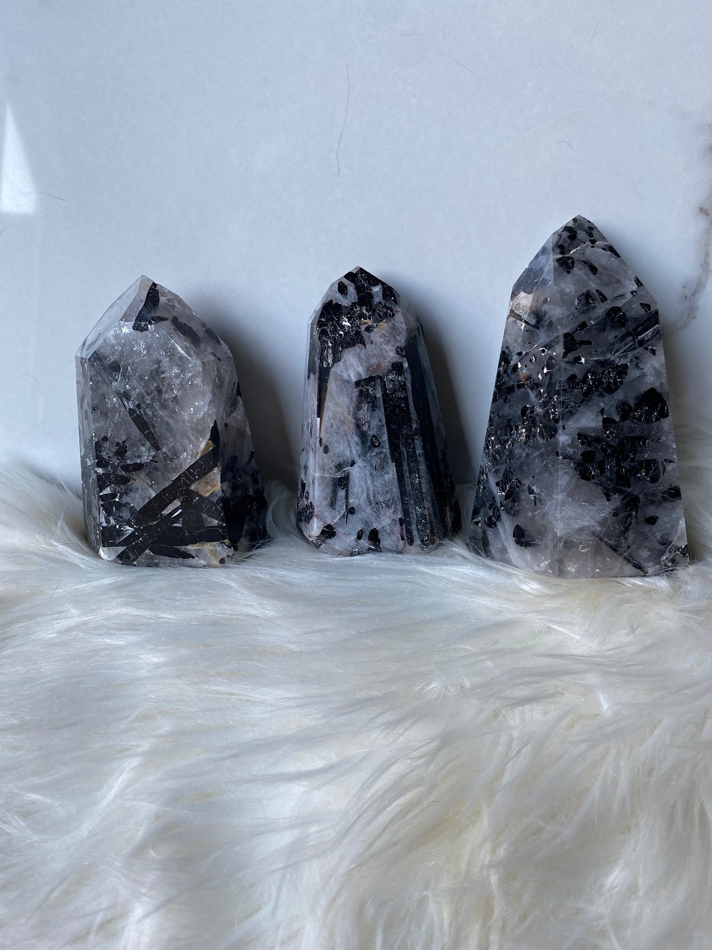 Tourmalated Quartz Towers- Black Tourmaline in Clear Quartz Point (a,b,c)