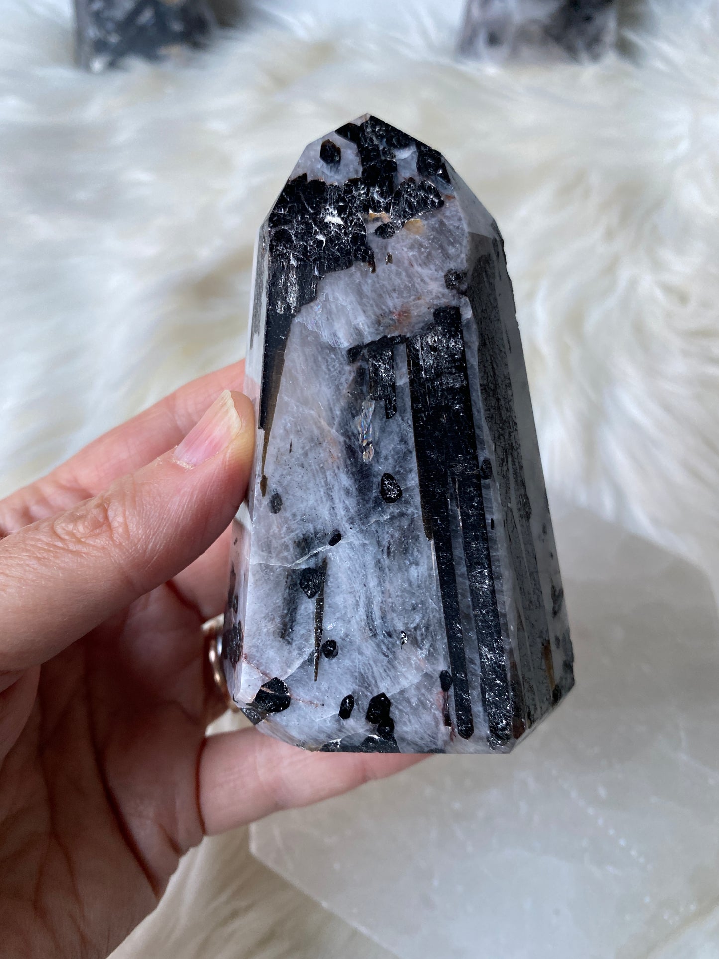Tourmalated Quartz Towers- Black Tourmaline in Clear Quartz Point (a,b,c)