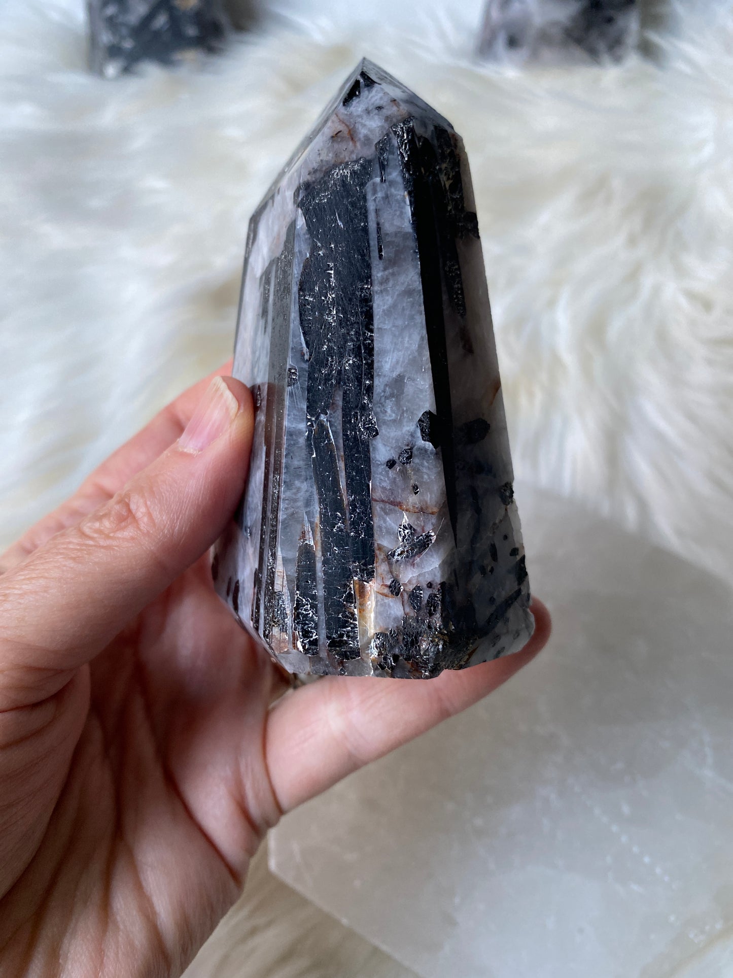 Tourmalated Quartz Towers- Black Tourmaline in Clear Quartz Point (a,b,c)