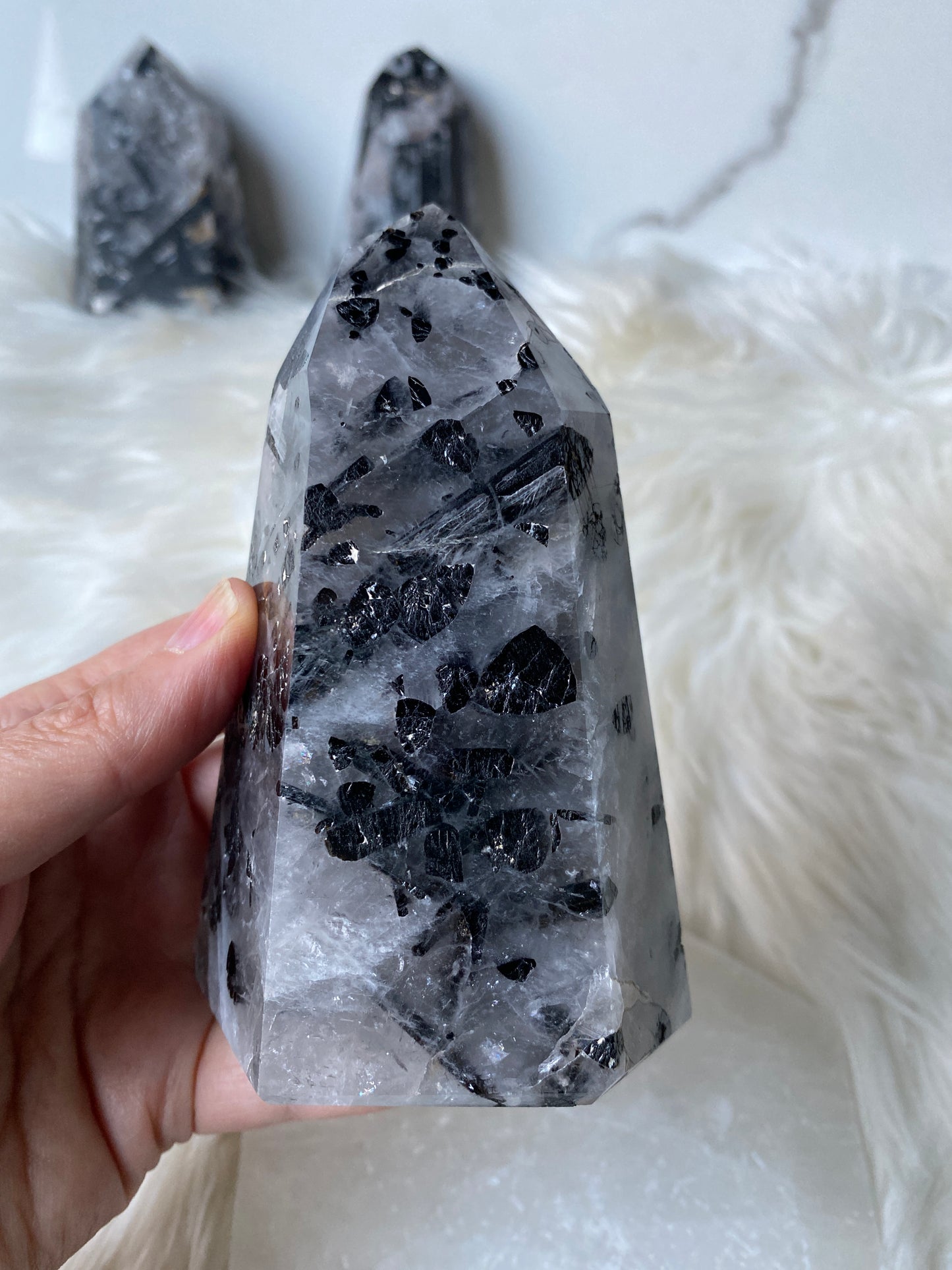 Tourmalated Quartz Towers- Black Tourmaline in Clear Quartz Point (a,b,c)