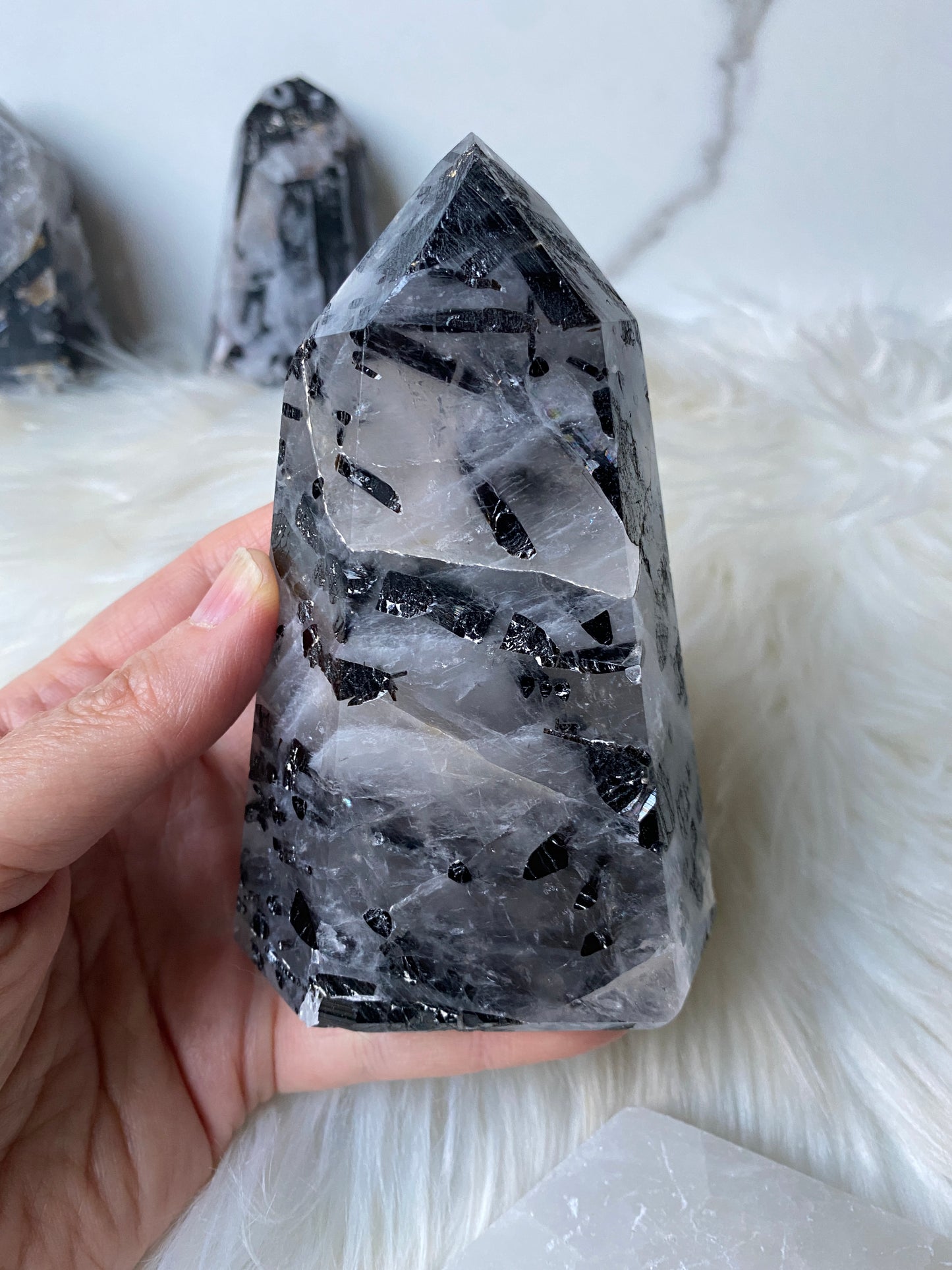 Tourmalated Quartz Towers- Black Tourmaline in Clear Quartz Point (a,b,c)