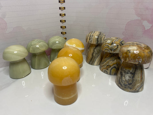 Mixed  Mushrooms π- Orange Calcite, Pistachio Calcite, Bumblebee Jasper