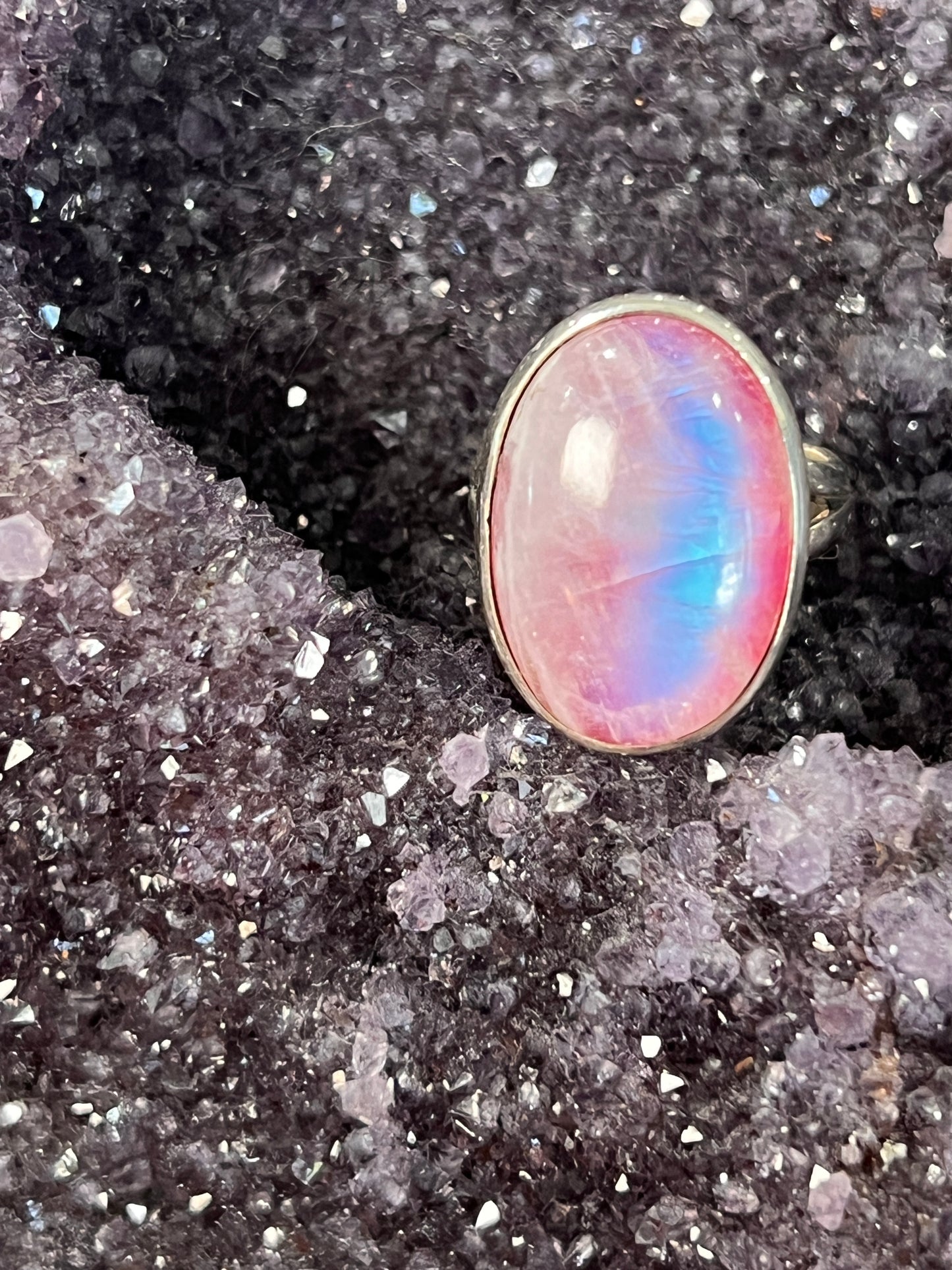 Pink Moonstone 925 Sterling Silver Ring /Boho Style oval cut stone