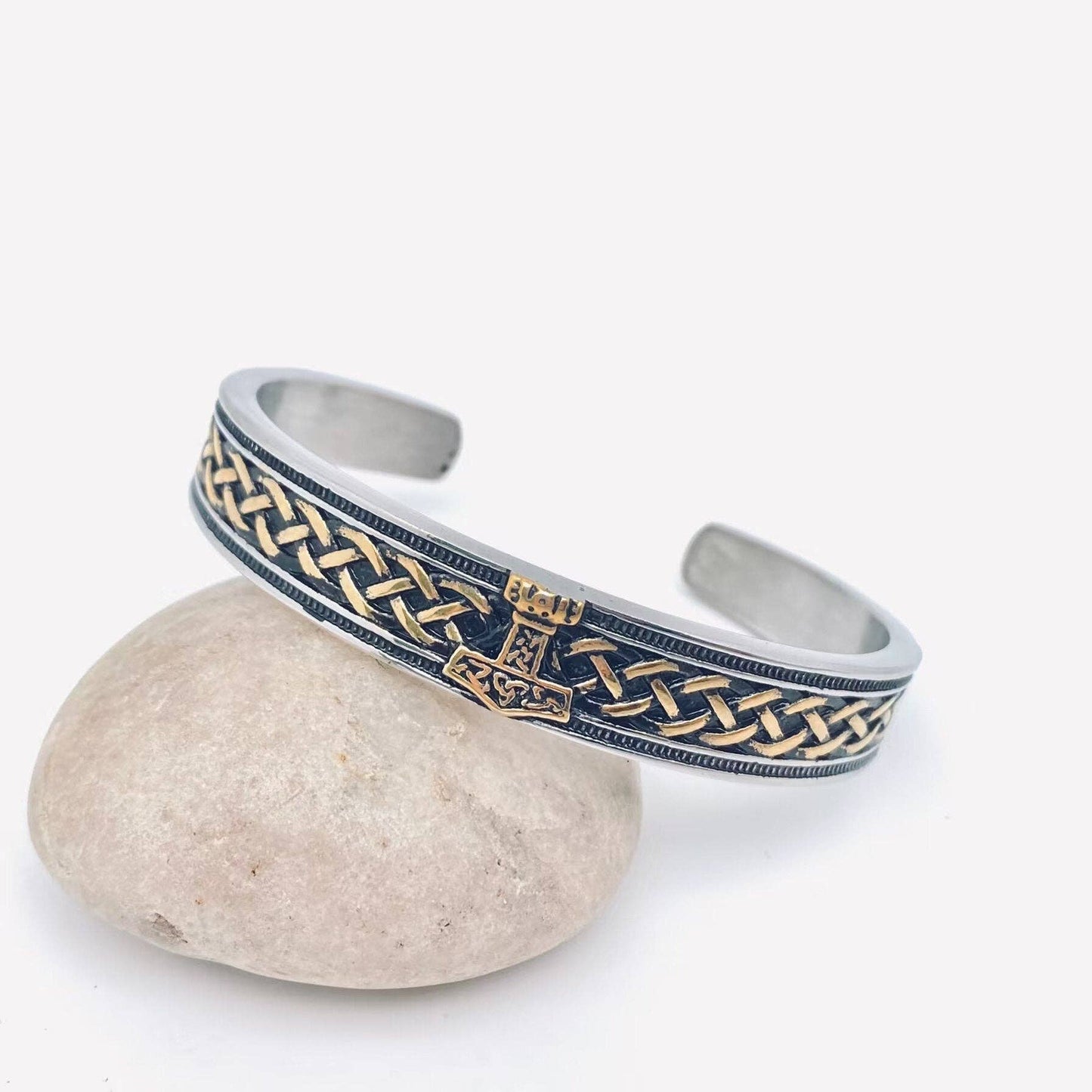 Stainless Steel Viking Rune Thor Hammer Cuff Bangle - MJ/BC