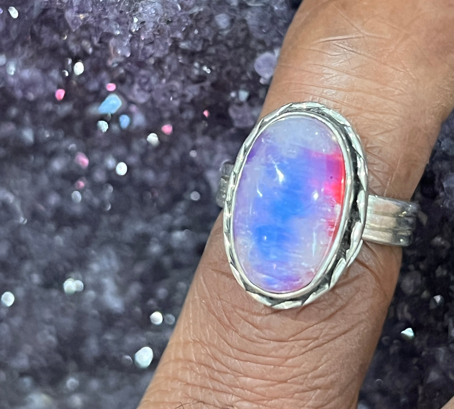 Pink Moonstone 925 Sterling Silver Ring /Boho Style oval cut stone