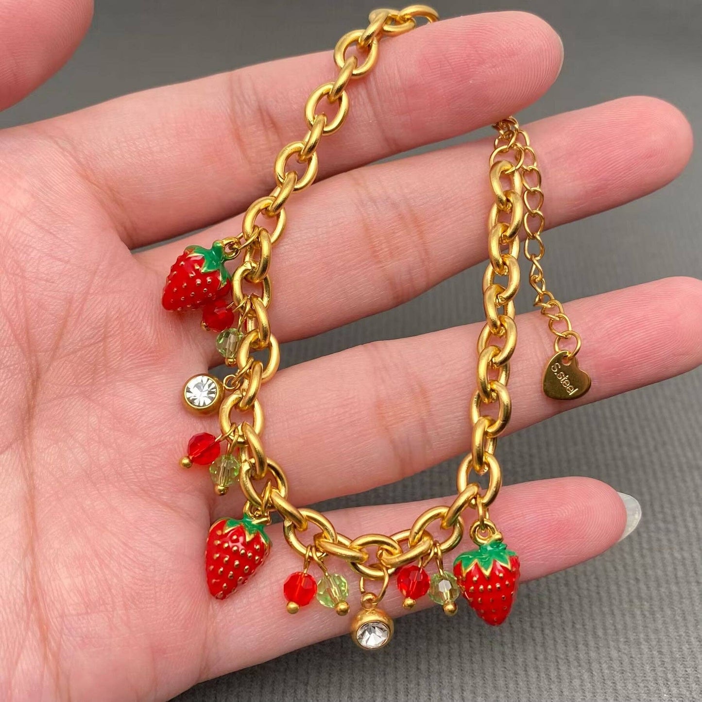 Enamel Strawberry Charm 18K Gold Plated SS Bracelet - FGS - Cozy Coven