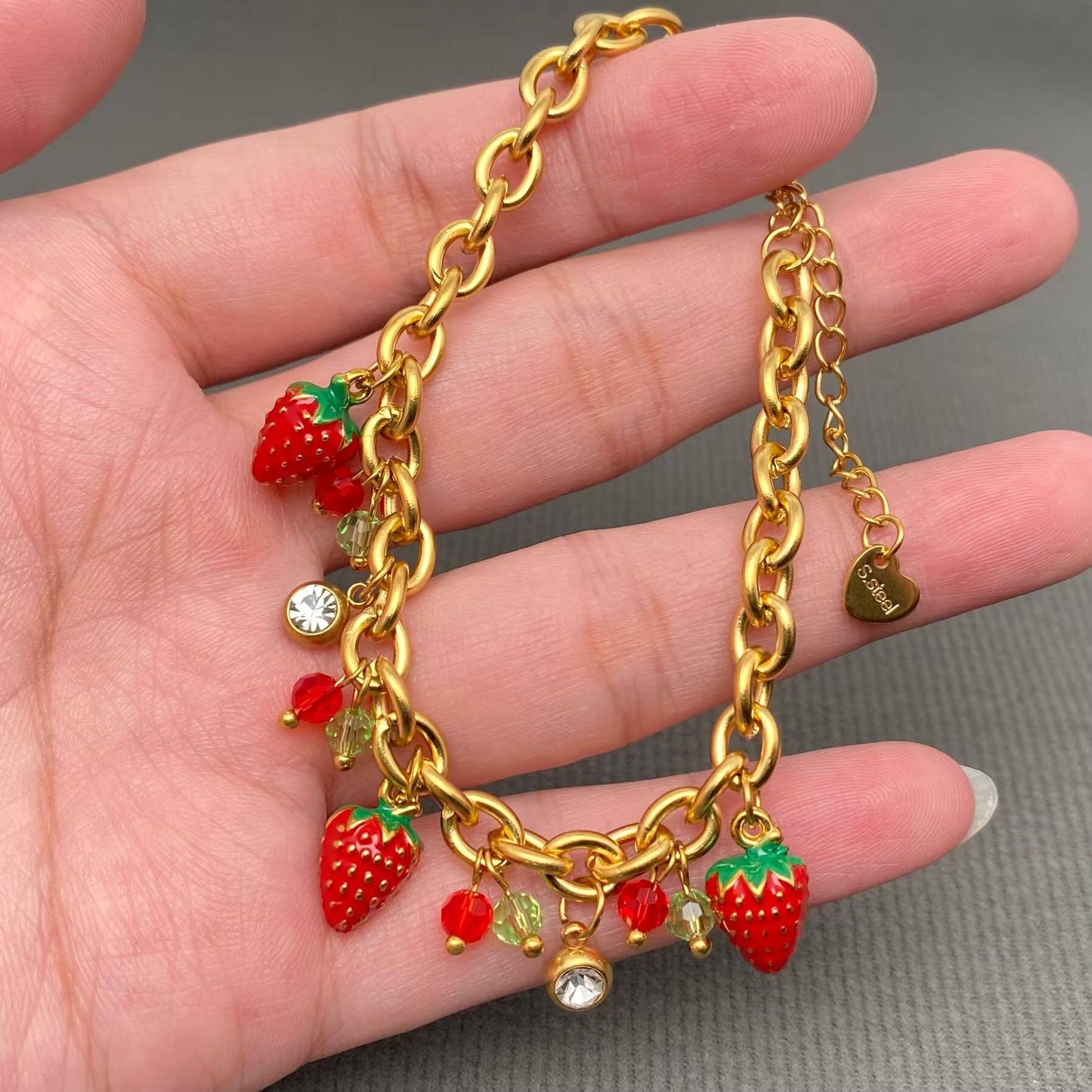 Enamel Strawberry Charm 18K Gold Plated SS Bracelet - FGS - Cozy Coven