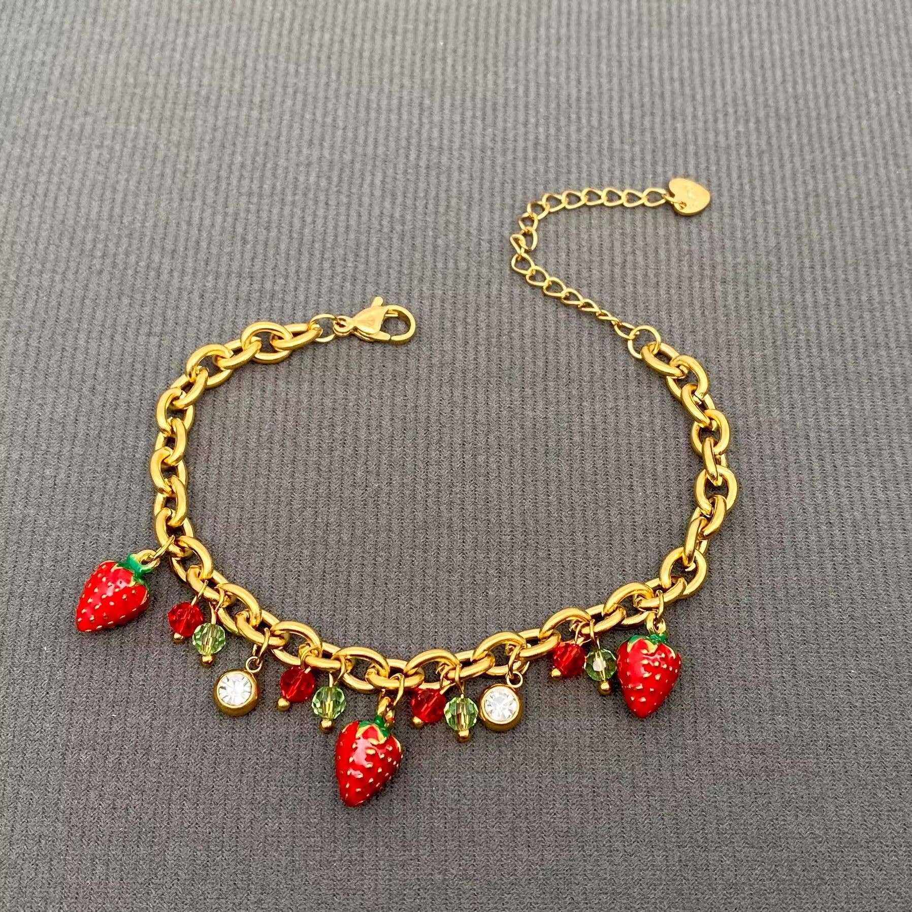 Enamel Strawberry Charm 18K Gold Plated SS Bracelet - FGS - Cozy Coven