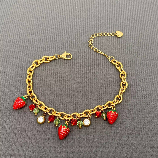 Enamel Strawberry Charm 18K Gold Plated SS Bracelet - FGS - Cozy Coven