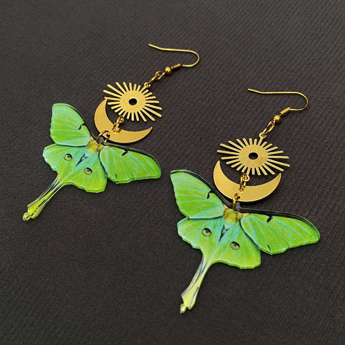 Acrylic Green Moth Gold Plated Moon Sun Dangle Earrings - MS - Cozy Coven