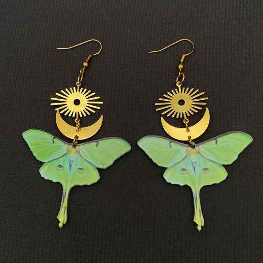 Acrylic Green Moth Gold Plated Moon Sun Dangle Earrings - MS - Cozy Coven