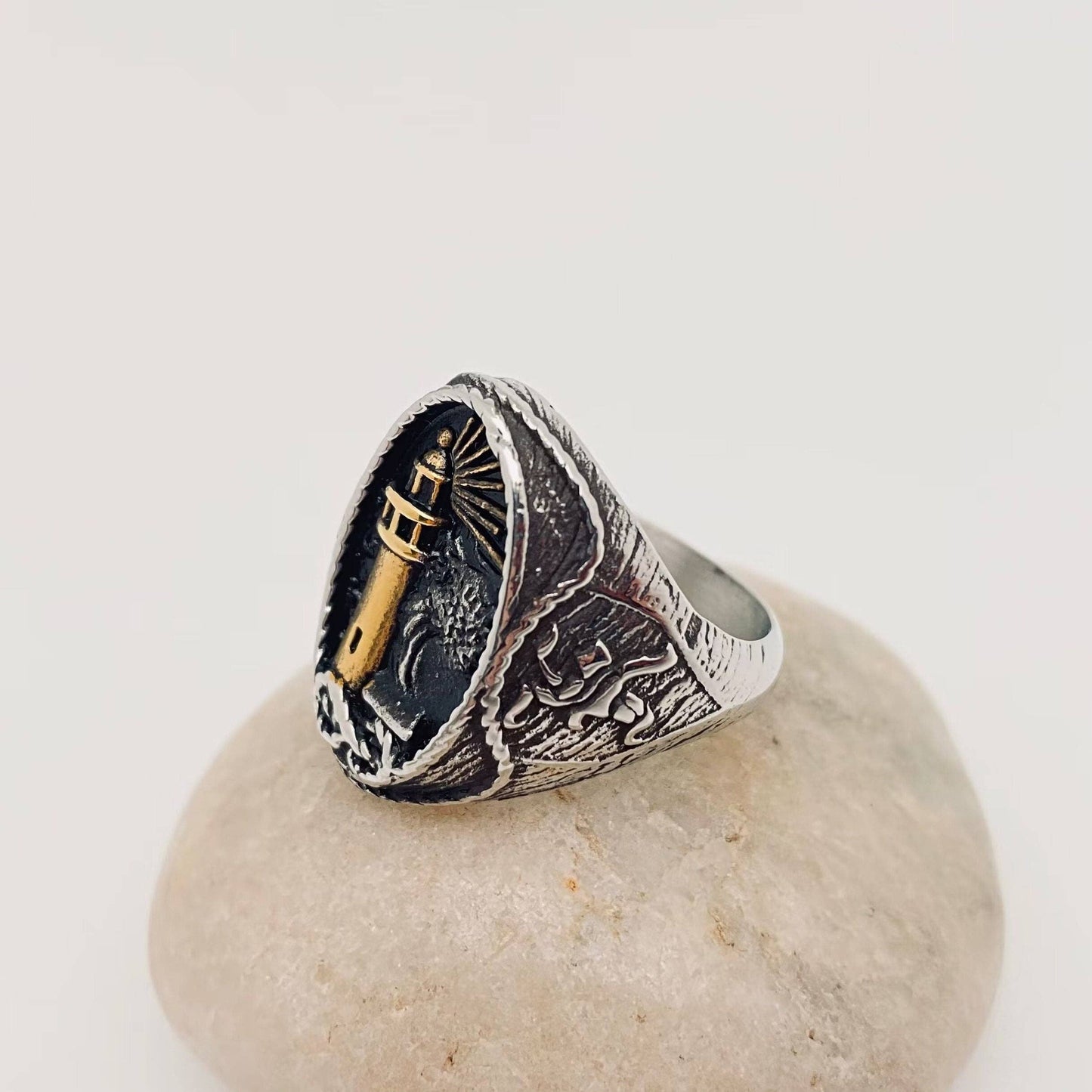 Men's Stainless Steel Ring Lighthouse Pattern - MJ/MR