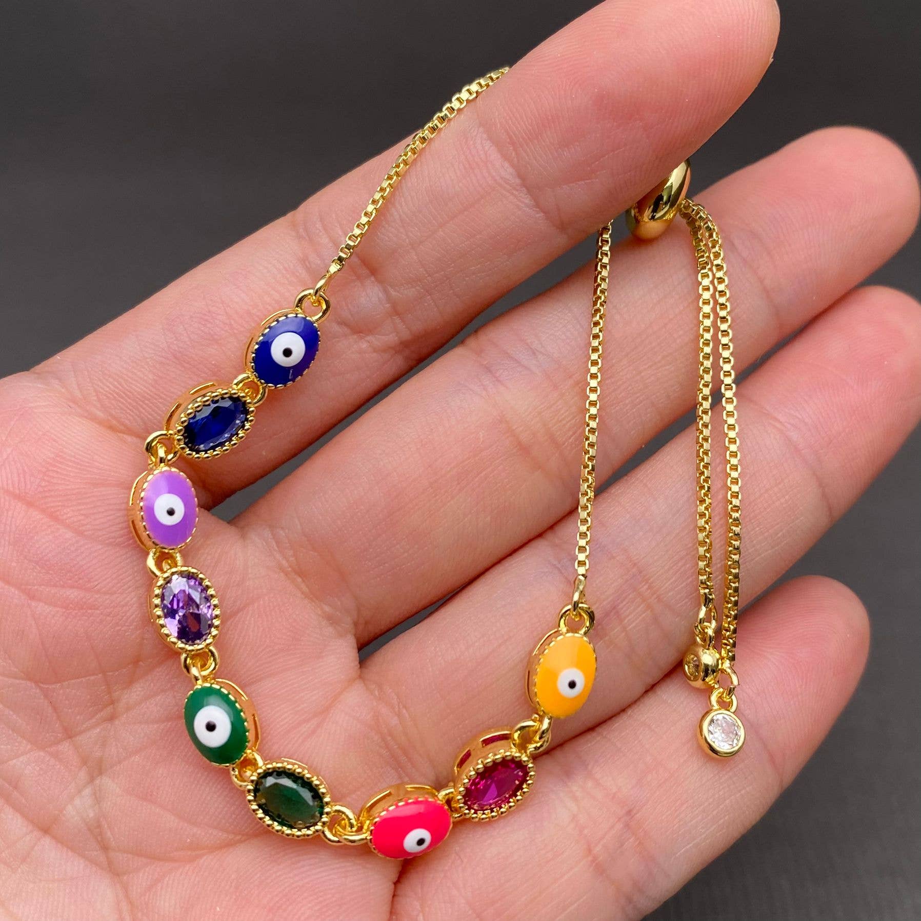 Enamel Evil Eye Colored Zircon Inlaid Adjustable Bracelet - Cozy Coven