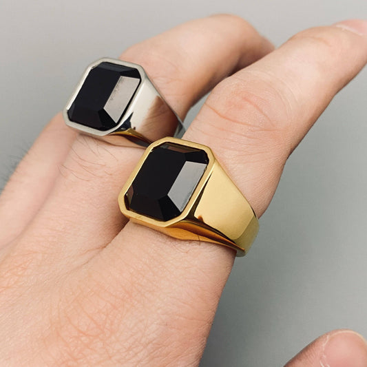 Black Agate Stone Men's Titanium Steel Ring - MJ/MR