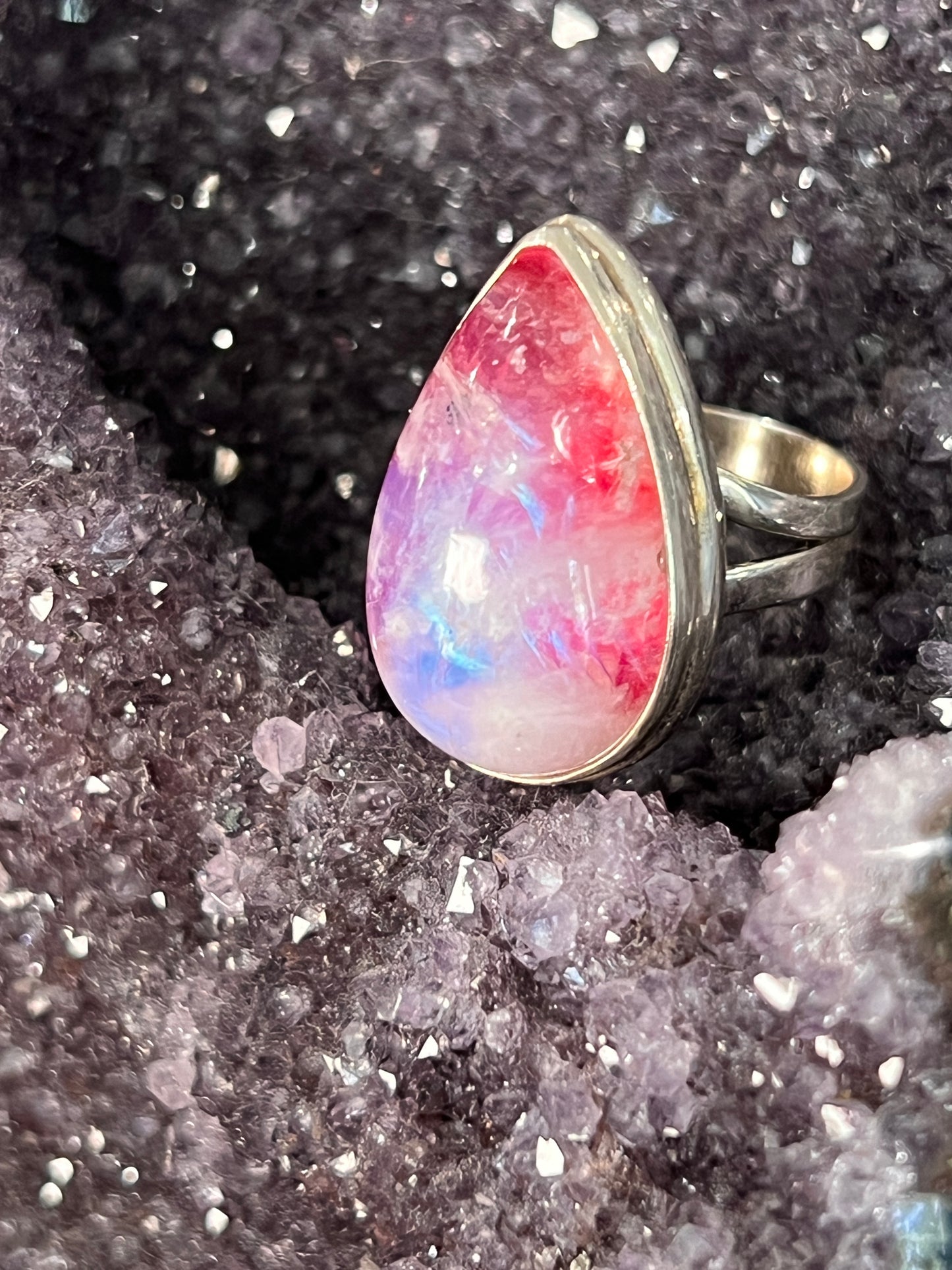 Pink Moonstone 925 Sterling Silver Ring /Boho Style pear cut stone