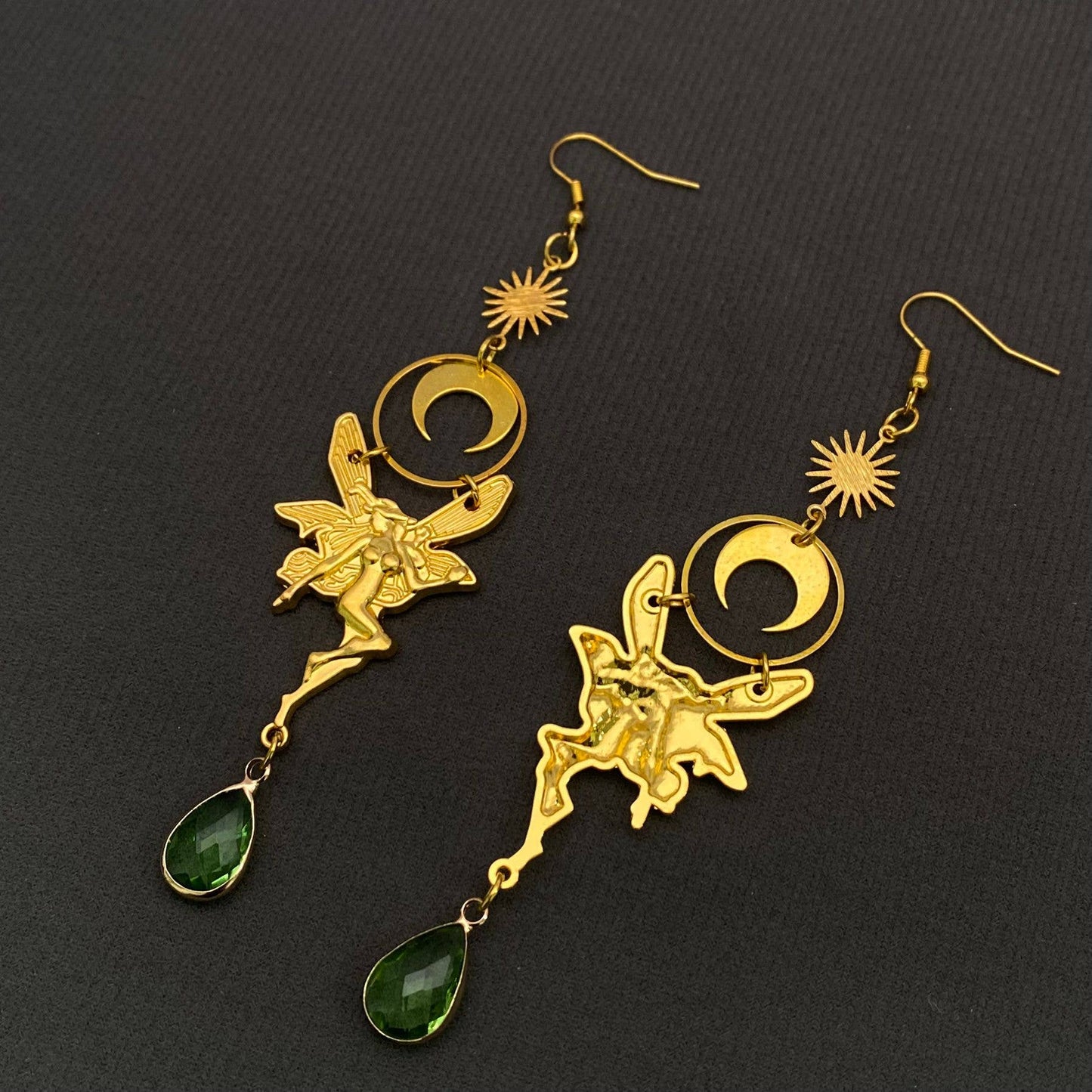 Green Crystal Fairy & Moon Charm Gold Plated Earrings