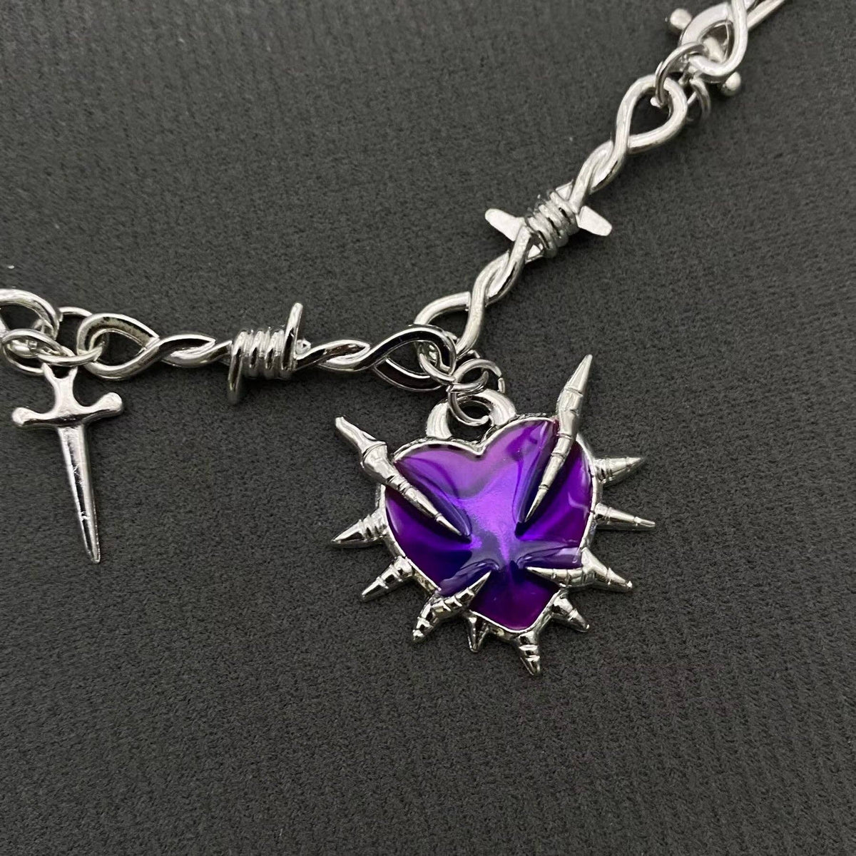 Gothic Purple Thorns Heart Dagger Charm Necklace - GT - Cozy Coven