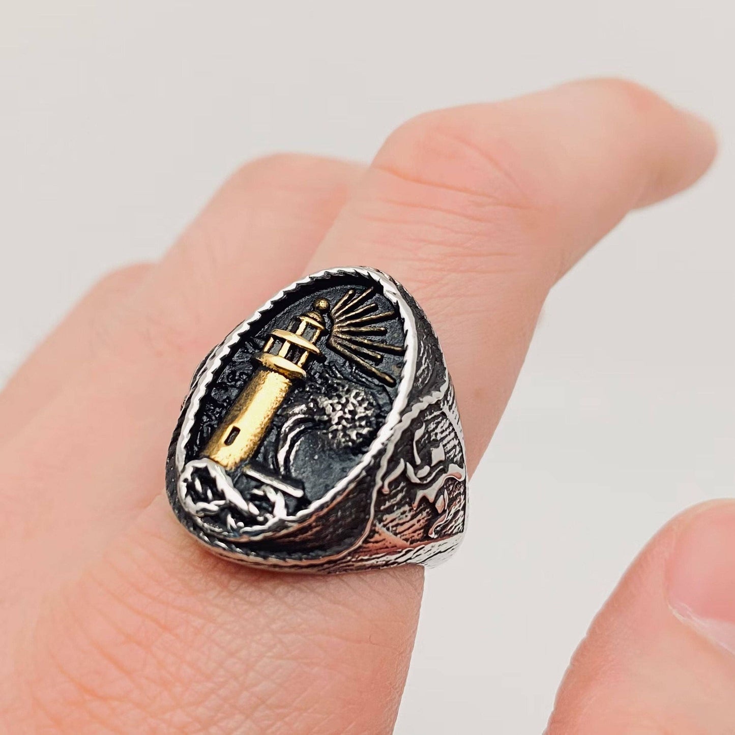 Men's Stainless Steel Ring Lighthouse Pattern - MJ/MR