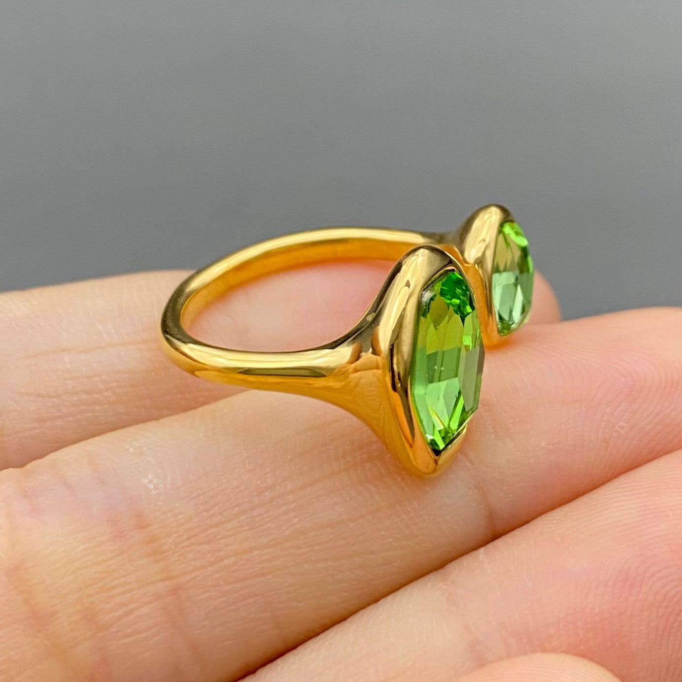 Double Green Zircon 18K Gold Plated Stainless Stee Ring