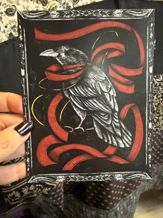 Crow with Red Ribbon Sleepy Hollow Postcard Art by Jenna Elluzzi