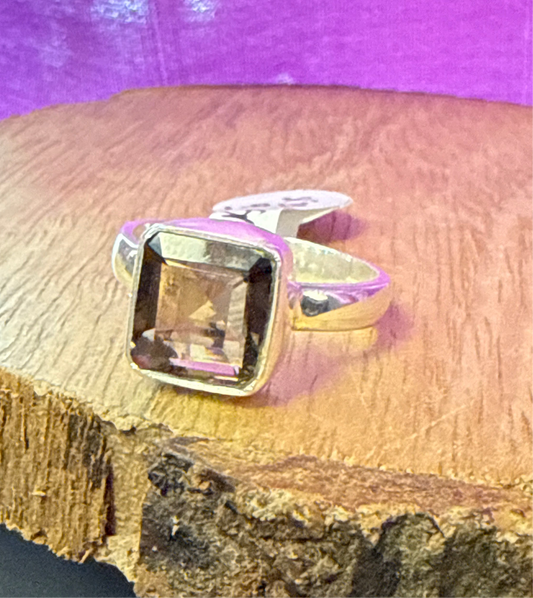 Smoky Quartz Ring | Faceted Square Cut | 925 Sterling Silver