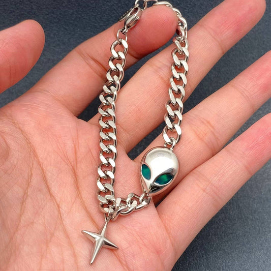 Unisex Stainless Steel ET Charm Cuban Chain Bracelet