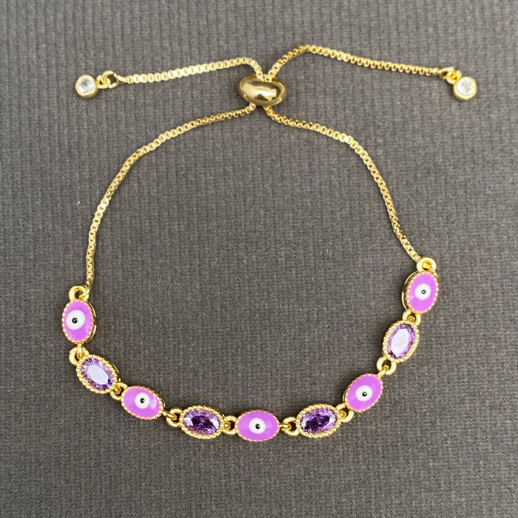 Enamel Evil Eye Colored Zircon Inlaid Adjustable Bracelet - Cozy Coven