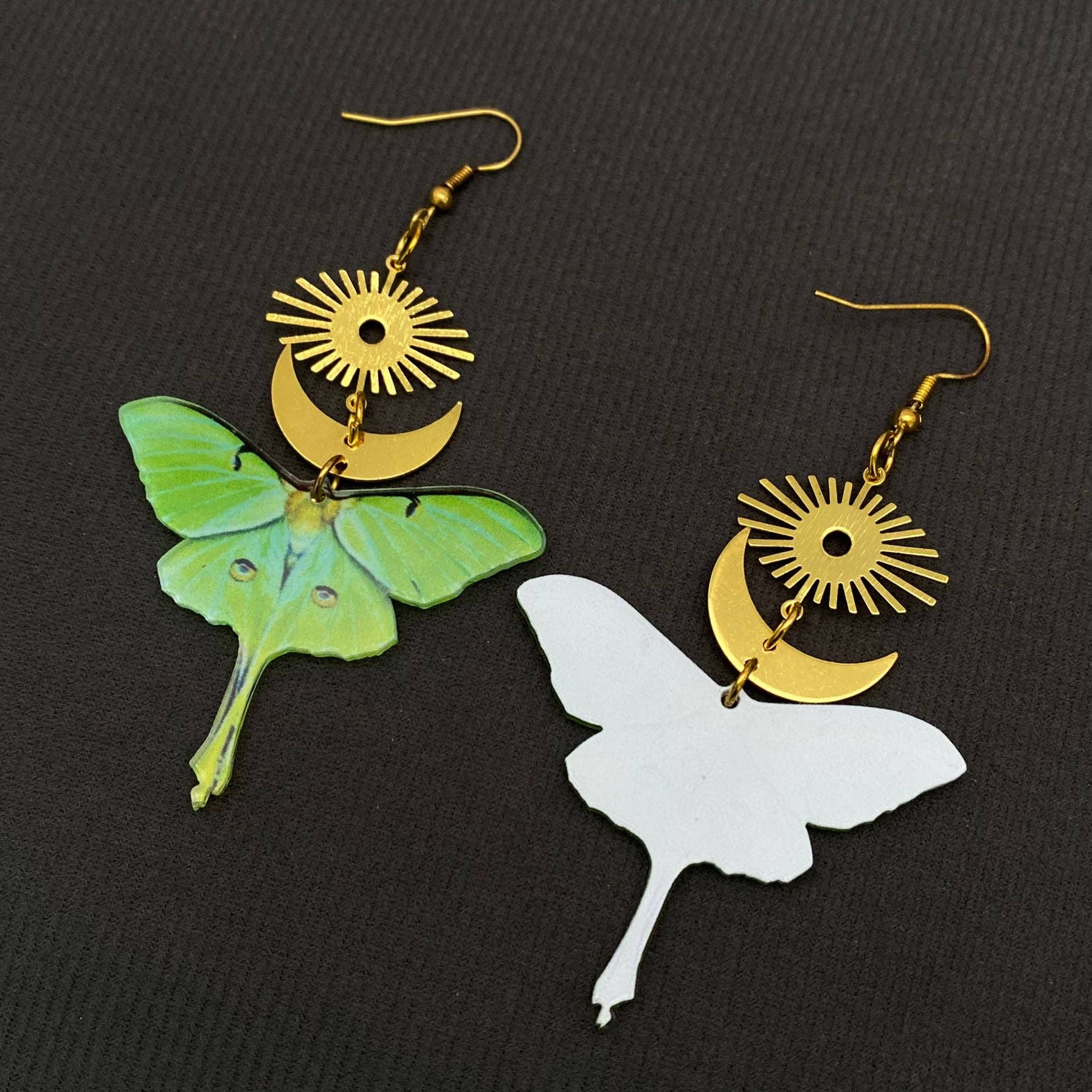 Acrylic Green Moth Gold Plated Moon Sun Dangle Earrings - MS - Cozy Coven