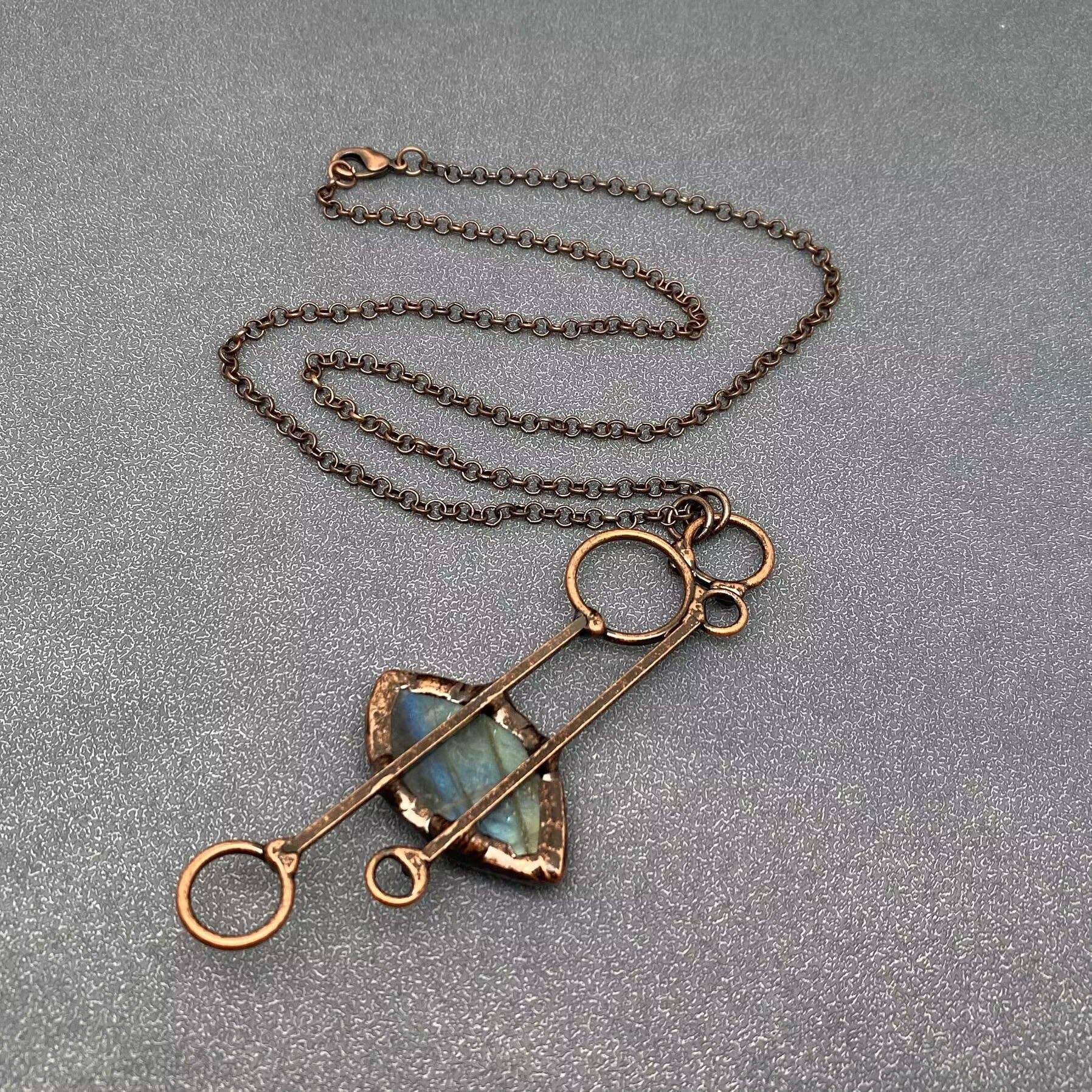 Vintage Labradorite & Copper Geometric Pendant Necklace - Cozy Coven