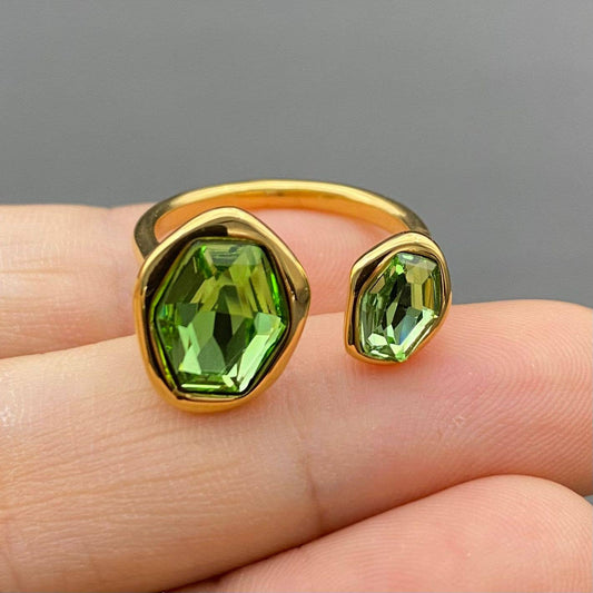 Double Green Zircon 18K Gold Plated Stainless Stee Ring