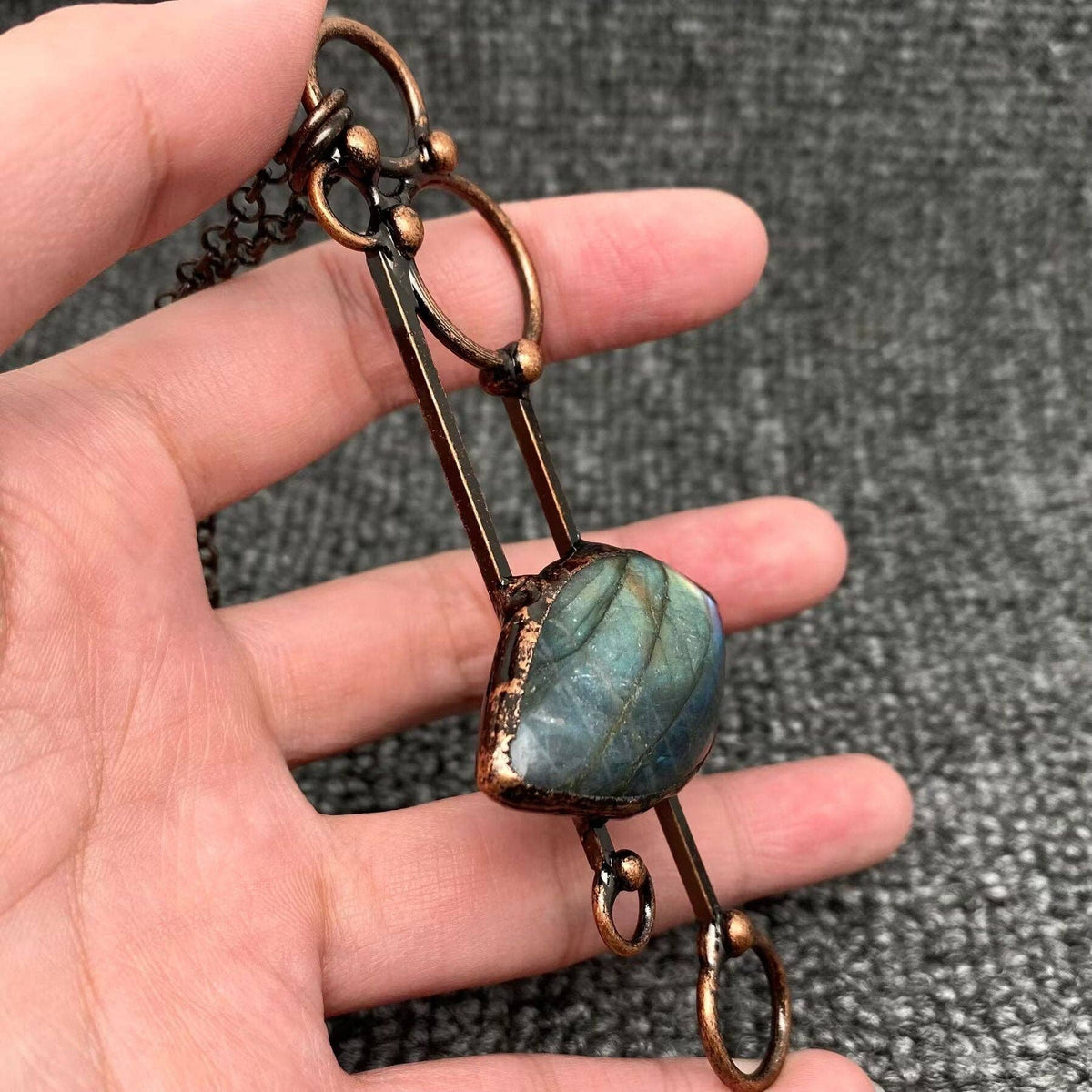 Vintage Labradorite & Copper Geometric Pendant Necklace - Cozy Coven