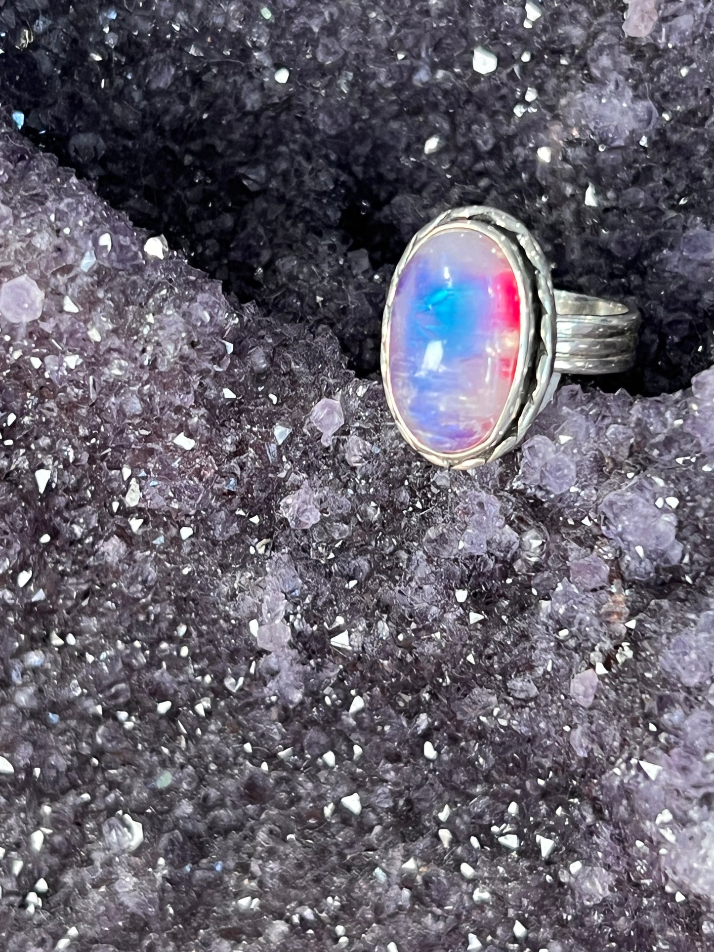 Pink Moonstone 925 Sterling Silver Ring /Boho Style oval cut stone
